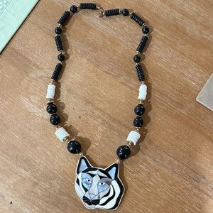 Vintage 1980 Lee Sands Graphic Tiger Face Beaded Necklace in Black, White & Gold